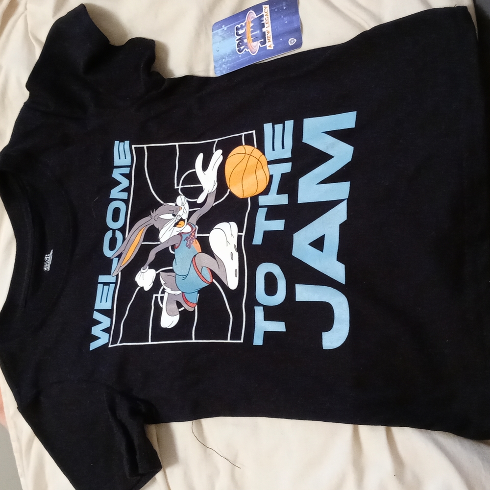 Space Jam Black t shirt with blue lettering and Bugs bunny on the front